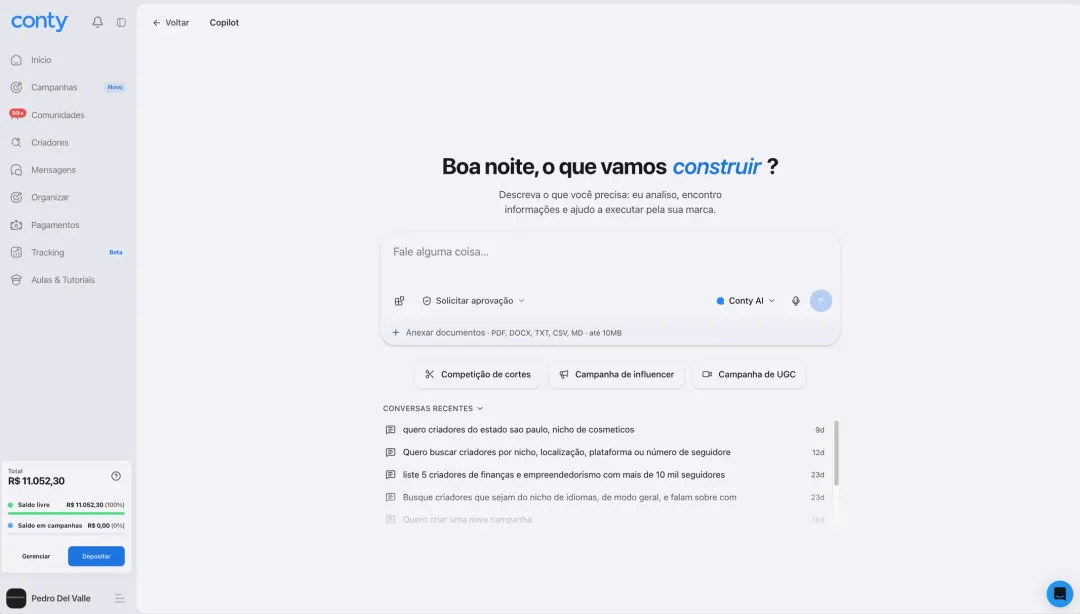 Copilot da Conty: pedido em linguagem natural para criar campanhas de UGC e influenciadores