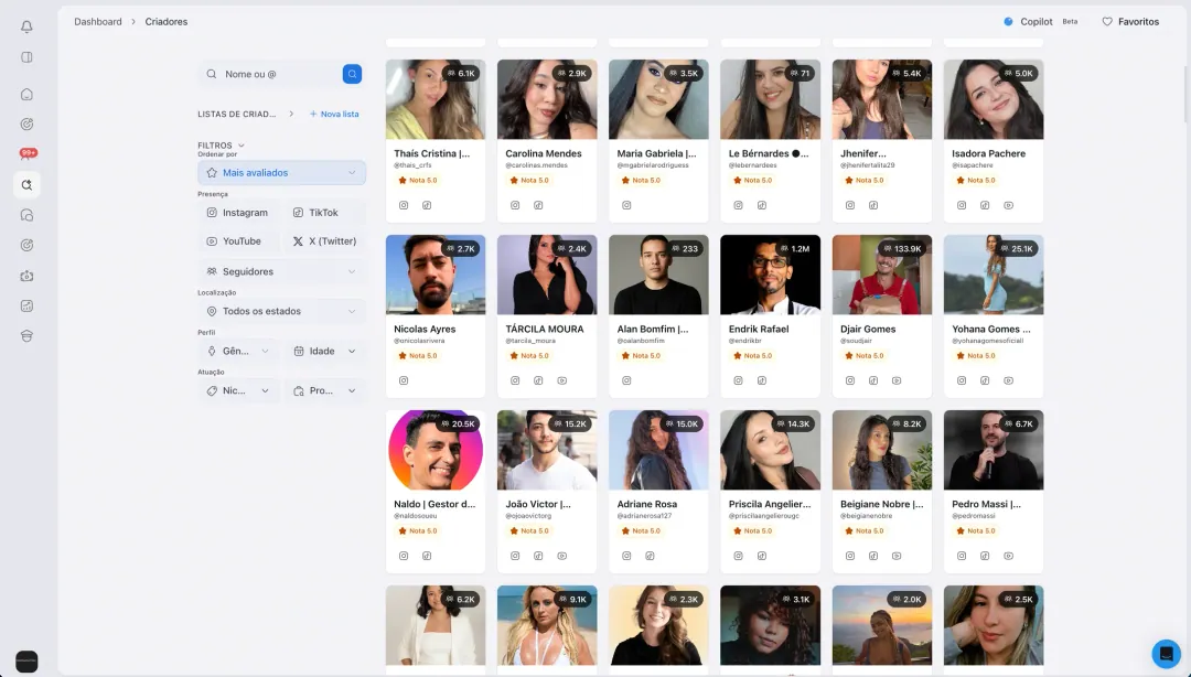 Marketplace de creators UGC e influenciadores da Conty, com filtros por nicho, plataforma e localização