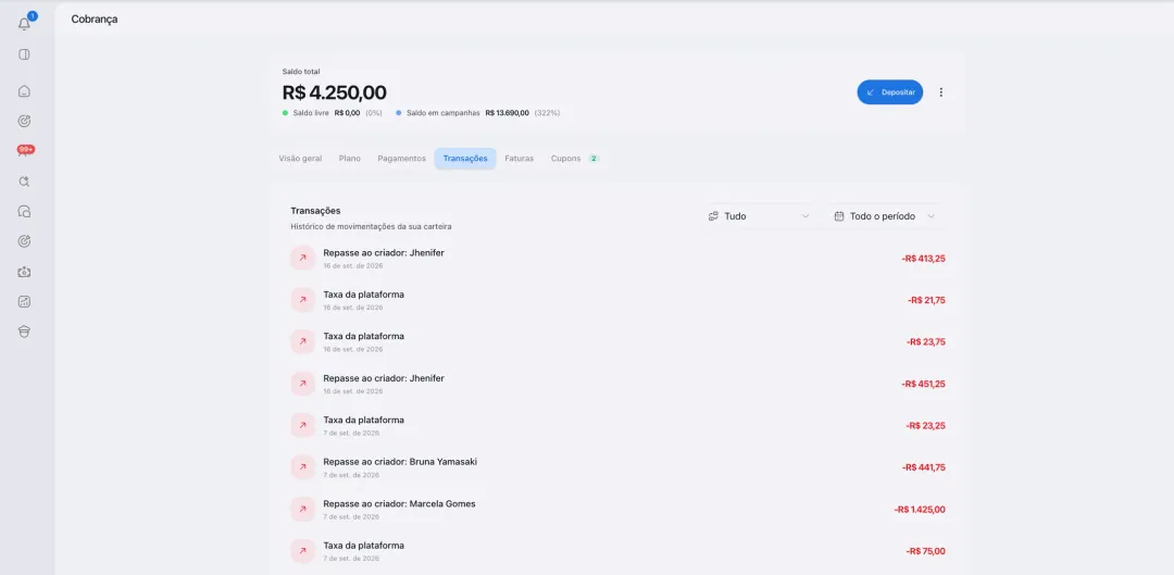 Cobrança na Conty: saldo total, saldo em campanhas e o histórico de repasses a creators UGC e influenciadores